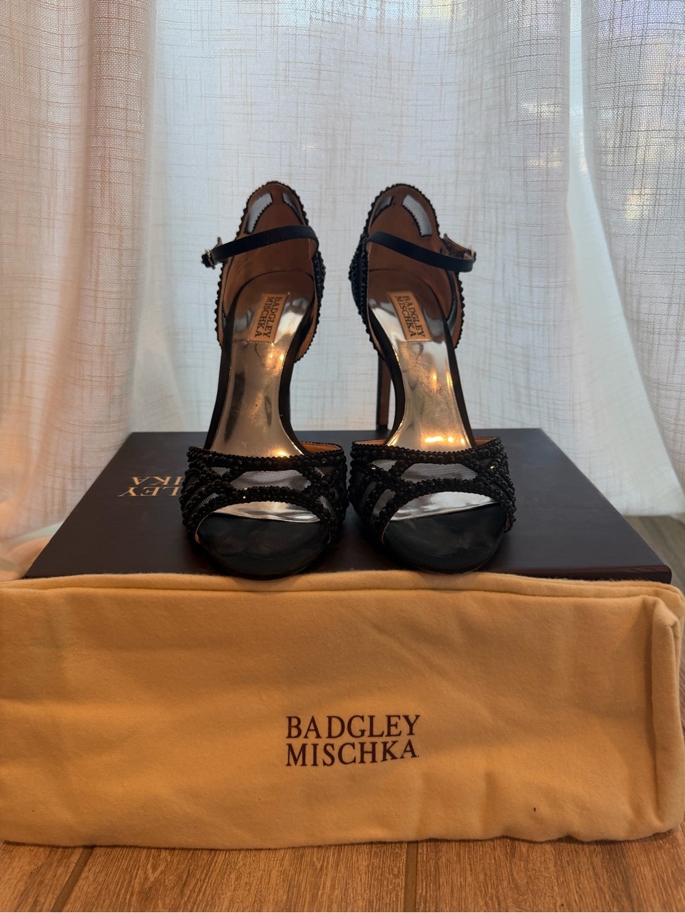 Badgley Mischka Black Beaded Mesh High Heel Sandals